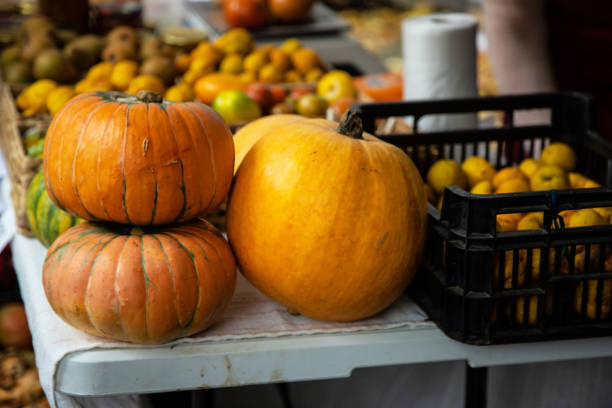 Colorful vegetables and fruits in rural autumn bazaar, selective focus with shallow depth of field