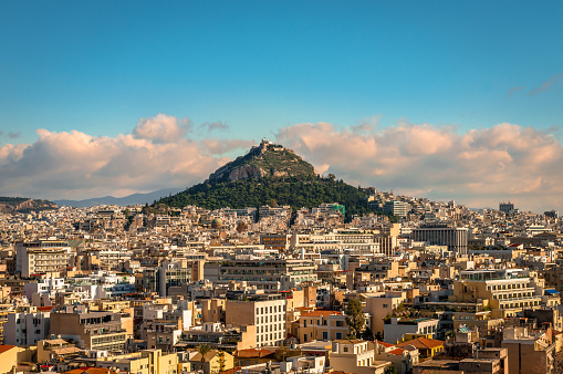 The Athens' skyline, in Greece, with the Lycabettus Mount. Photo taken from Anafiotika neighborhood, in northerneast side of the Acropolis hill.