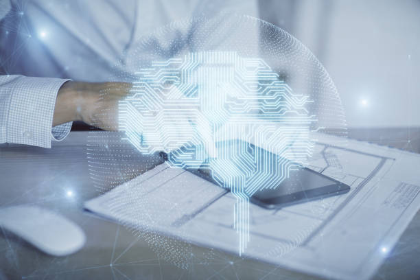 istock Double exposure of man's hand holding and using a digital device and brain hologram drawing. Data concept. 1283393808
