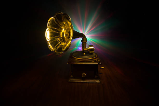 istock Old gramophone on a dark background. Music concept 1283394138