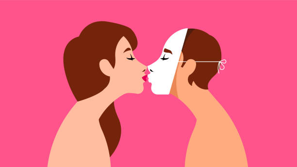 ilustrações, clipart, desenhos animados e ícones de beijar. a garota beija o cara de máscara. o homem mascarado que vai fingir. duas pessoas em um relacionamento complicado. o conceito de mentir, enganar, pretensão, hipocrisia. - pretense