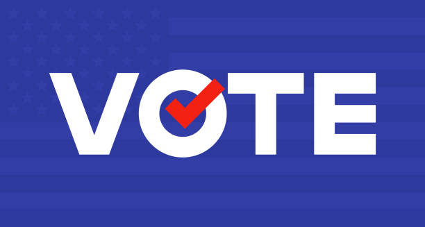 投票。アメリカ合衆国大統領選挙の日。米国の政治イベントの設計要素。青の背景に定型化されたテキストを投票します。 - 投票点のイラスト素材／クリップアート素材／マンガ素材／アイコン素材