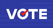 Vote. United States of America presidential election day. Design elements for USA political event. Vote Stylized Text on blue background.