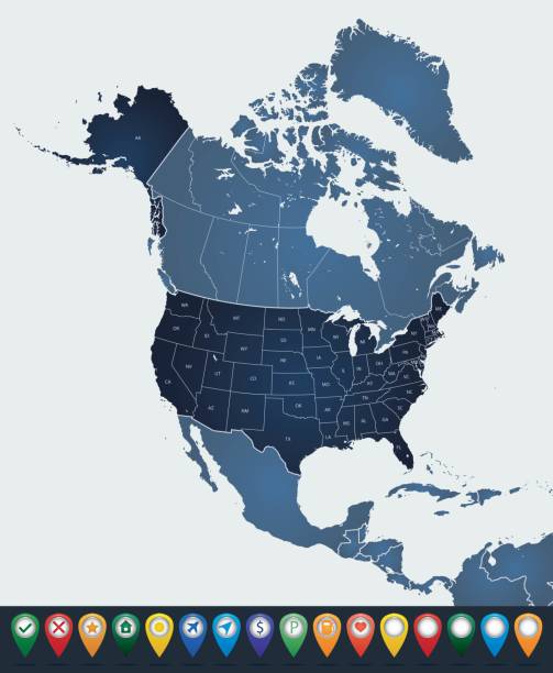 Set maps of North America Map of North America with countries, states on white background north america stock illustrations