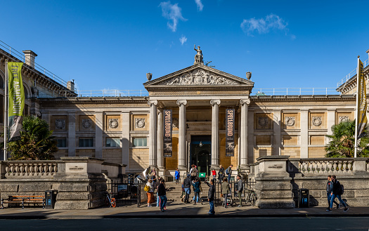 Oxford / UK - September 21 2018: The facade of the Ashmolean Museum of Art and Archaeology on Beaumont Street. It is the world's first university museum.