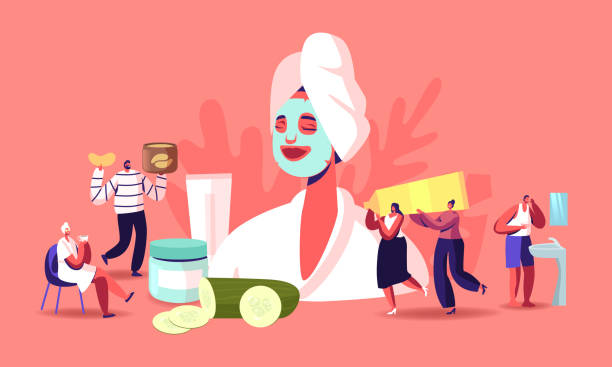 Tiny Characters around of Huge Woman with Facial Mask, Cucumber Slices and Cream Jars. Face Skin Care and Treatment Tiny Characters around of Huge Woman with Facial Mask, Cucumber Slices and Cream Jars. Face Skin Care and Treatment, Spa, Natural Beauty and Cosmetology Concept. Cartoon People Vector Illustration cartoon characters with big heads stock illustrations