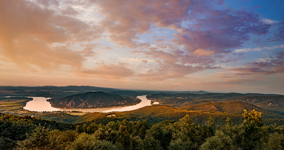 Sunset image of the beautiful Danube river curve, Pest county, Hungary