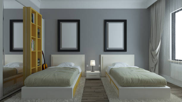 istock Modern dorm room, twin bed with photo frame interior design concept 3D rendering 1283401206