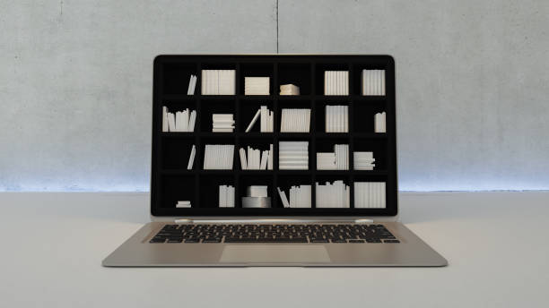 istock Black bookshelf in laptop screen, online education 3D rendering 1283401300