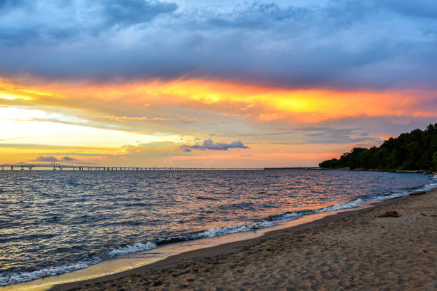 istock Sunset and dramatic sky at Chesapeake Bay Bridge 1283404535