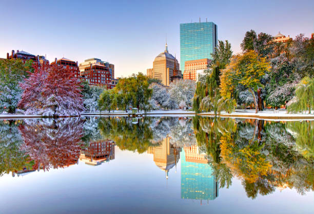 nieve de otoño en el jardín público de boston - boston skyline new england urban scene fotografías e imágenes de stock