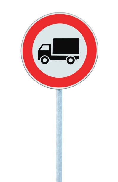 European No Goods Vehicles Road Warning Sign, Isolated Large Detailed Vertical Closeup, Grey Pole Post
