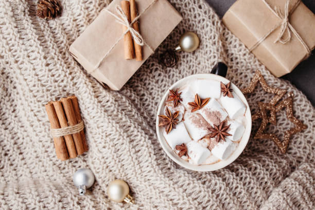 istock Christmas background with hot chocolate and gifts 1283405868