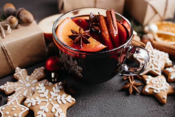 Christmas and New Year background with mulled wine