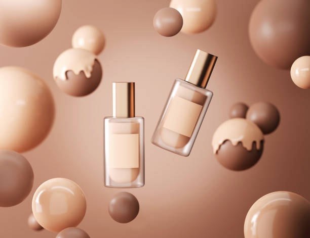 istock 3D beige display with liquid foundation splash dripping on studio brown background. Nude makeup cream fluid flow down. Beauty product, cosmetics promotion podium ball. Abstract 3D render mockup. 1283406646