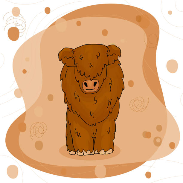 Cute Cartoon Bull high land cow is standing on the ground on pink and brown background Cute Cartoon Bull high land cow is standing on the ground on pink and brown background. Isolated character british beef cow stock illustrations