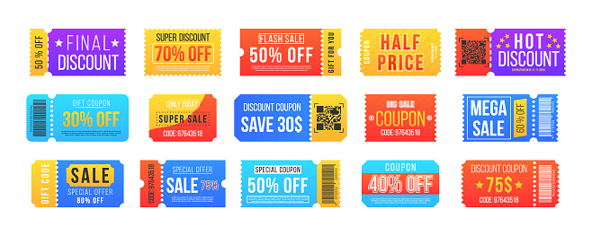 Vintage cinema ticket concert and festival event, movie theater coupon. Half price offer, promo code gift voucher and coupons template. Big sale and super sale coupon discount. Vector illustration.