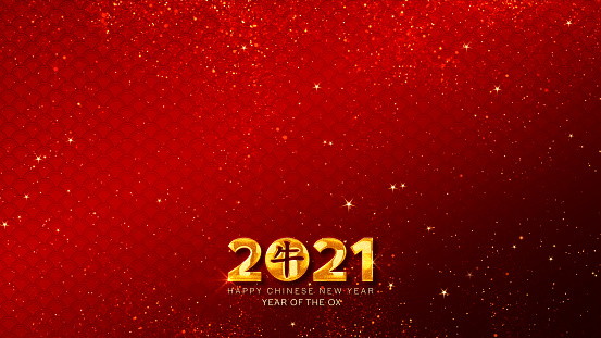 Happy Chinese New Year 2021, Year Of The Ox also known as the Spring Festival on red background.