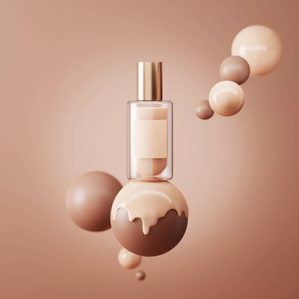 istock 3D beige display with liquid foundation splash dripping on studio brown background. Nude makeup cream fluid flow down. Beauty product, cosmetics promotion podium ball. Abstract 3D render mockup. 1283414238