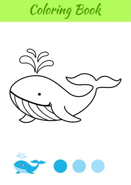 Vector illustration of Coloring page happy whale. Coloring book for kids. Educational activity for preschool years kids and toddlers with cute animal. Flat cartoon colorful vector illustration.