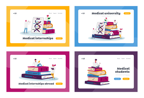 Medicine Interns Landing Page Template Set. Tiny Medical Characters in White Robes Study on Huge Books Pile Prepare for Examination, Students Learning in Institute. Cartoon People Vector Illustration