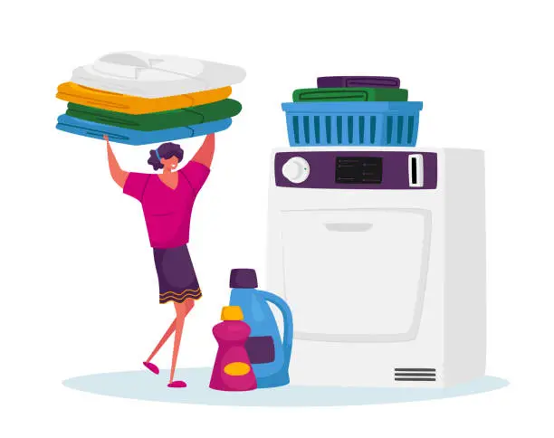 Vector illustration of Industrial or Domestic Launderette Cleaning Service. Female Character in Public Laundry Laying Clean Clothes to Basket