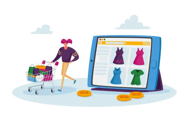 Vector illustration of Tiny Character Purchase Dresses in Internet Store, Online Shopping. Girl Customer Pushing Trolley with Bags Buying Goods
