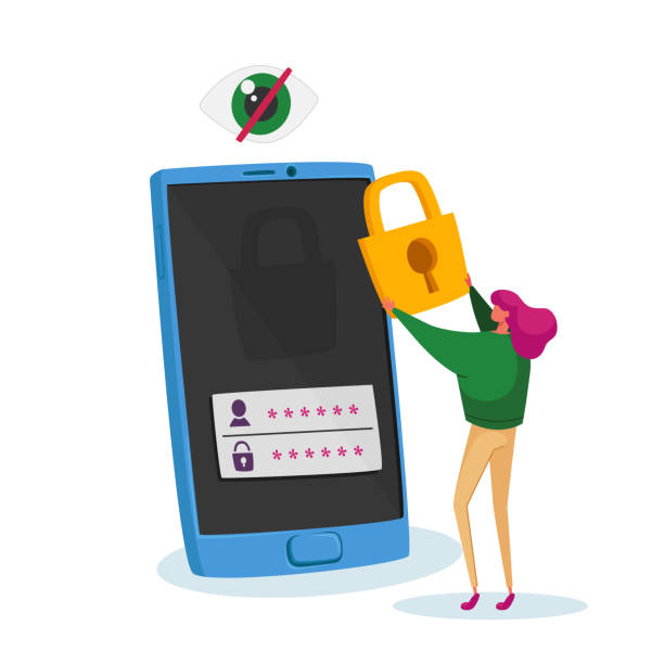 ilustrações, clipart, desenhos animados e ícones de tiny woman character stand at huge mobile phone put padlock on screen with password and login identification information - log on accessibility security security system