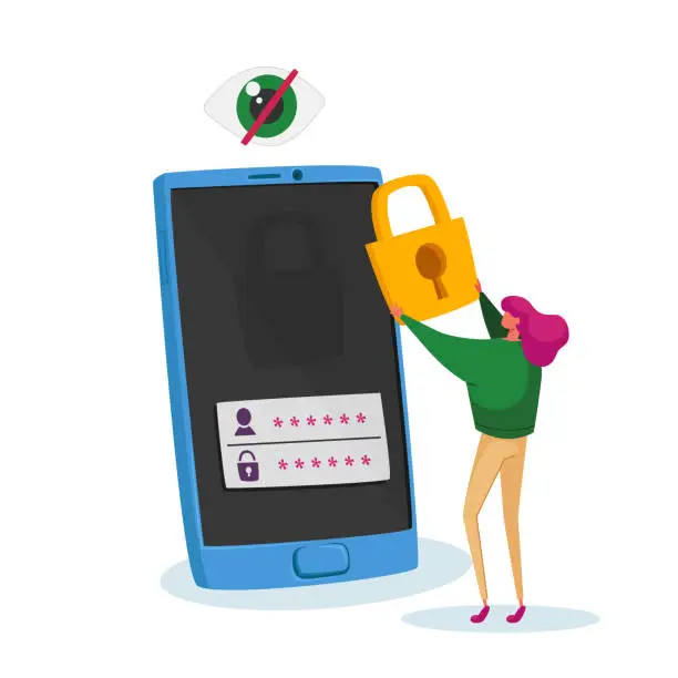 Vector illustration of Tiny Woman Character Stand at Huge Mobile Phone Put Padlock on Screen with Password and Login Identification Information