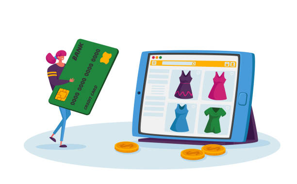 online alışveriş, kablosuz ödeme kavramı. büyük gadget kredi kartı satın alma mal ile tiny kadın müşteri karakteri - finans ve ekonomi stock illustrations