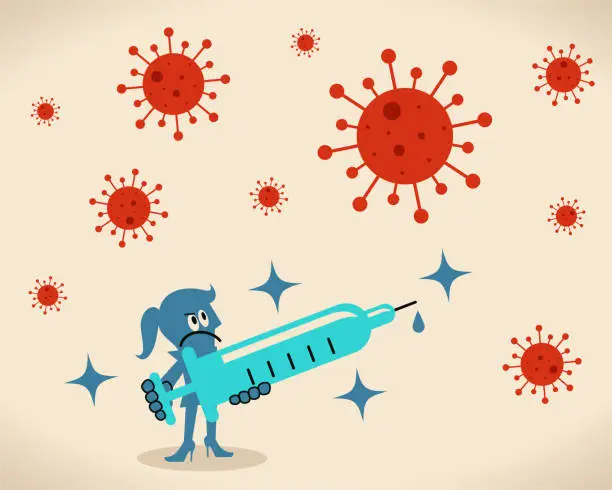 Vector illustration of Female scientist (doctor, biochemist) holding a big syringe (vaccine) to prevent infection with the COVID-19 virus