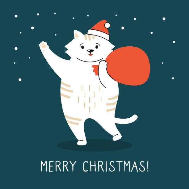 グリーティングクリスマスカード猫ギフトサンタバッグベクトル - domestic cat bag shopping gift点のイラスト素材／クリップアート素材／マンガ素材／アイコン素材
