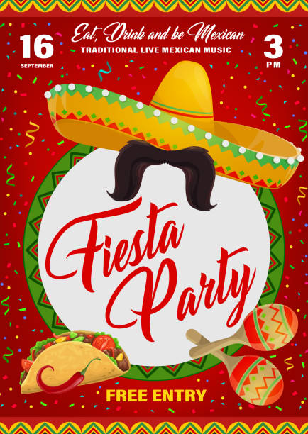 Fiesta party vector flyer with mexican symbols Fiesta party vector flyer with mexican symbols sombrero, mustaches and maracas with tacos and jalapeno pepper. Cartoon poster with confetti, invitation for Mexico holiday festival or live music party tacos stock illustrations