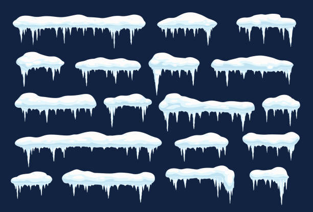 ilustraciones, imágenes clip art, dibujos animados e iconos de stock de tapas de nieve con carámbanos, iconos de bolas de nieve vectoriales establecidos - icicle