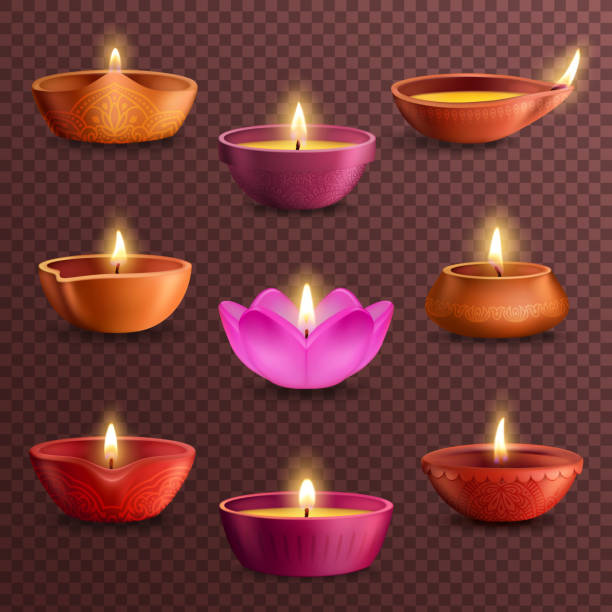 Diwali diya lamps on transparent background Diwali diya lamps on transparent background realistic vector of Deepavali light festival. Indian Hindu religion oil lamps of red and pink clay with rangoli decoration, paisley patterns, flower petals diya oil lamp stock illustrations