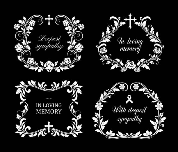 Funeral vector frames, isolated floral borders set Funeral vector frames, isolated borders of floral design with blossoms and leaves. Mourning white flowers, flourishes, ribbon condolence typography. Obituary mournful funereal monochrome framing set funeral home logo stock illustrations