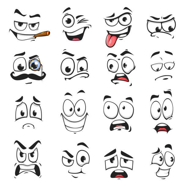 Face expression isolated vector facial emoji icons Face expression isolated vector icons, funny cartoon emoji smoking cigar, wink and sad, smiling, scared and wear monocle eyeglass with mustache. Cheerful, angry and show tongue face expressions set smirking stock illustrations