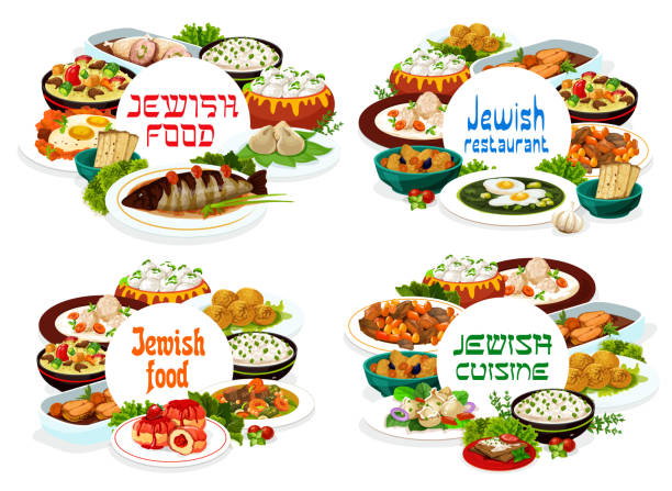 ilustrações, clipart, desenhos animados e ícones de refeições de restaurantes de comida judaica em volta bandeiras vetoriais - matzo ball soup