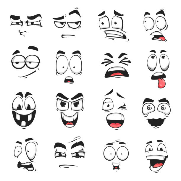Face expression isolated vector emoticons icons Face expression isolated vector icons, cartoon funny emoji suspicious, scared and shocked, grin, smirk or crazy. Facial feelings smile, laughing and yelling, surprised, squint and upset emoticons set cartoon human face eye stock illustrations
