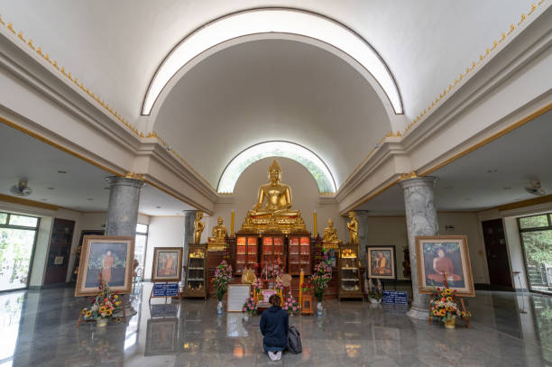 태국 치앙라이 지방의 왓 탐 파 밤 사원에 있는 양해한 비하른의 아름다운 인테리어. - dome inside of buddhism zen like 뉴스 사진 이미지