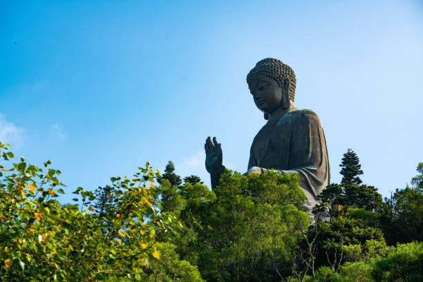 Hong Kong, April 2023 : Low angle view of the newly renovated Tian Tan Buddha or Big Buddha in Ngong ping, Hong Kong