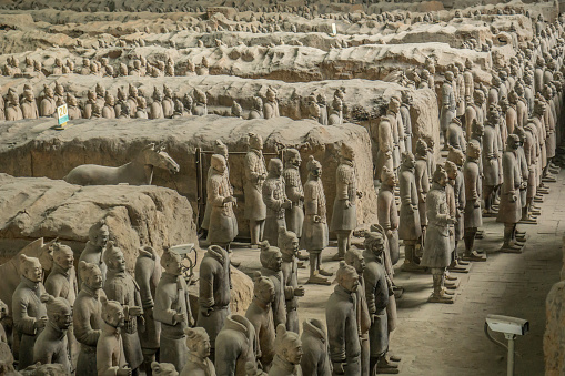 Xi'an, China, December 18, 2018:  Terracotta soldiers in Mausoleum of the First Qin Emperor