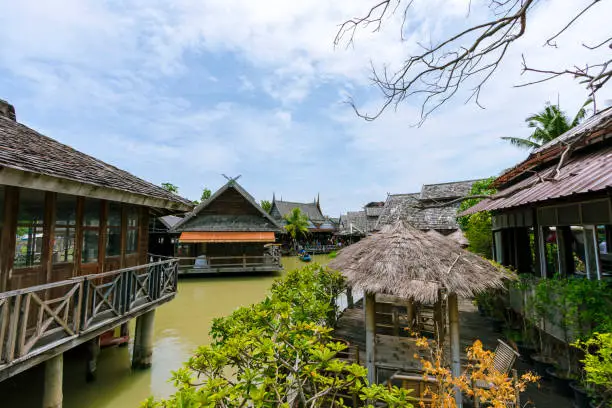 Thai houses on the waterfront in Chon Buri Province in Thailand
