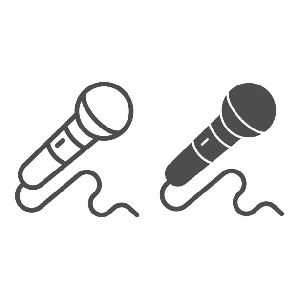 микрофонная линия и сплошной значок, концепция звукового дизайна, микрофонный знак на белом фоне, микрофон с иконкой шнура в стиле контура � - microphone stock illustrations