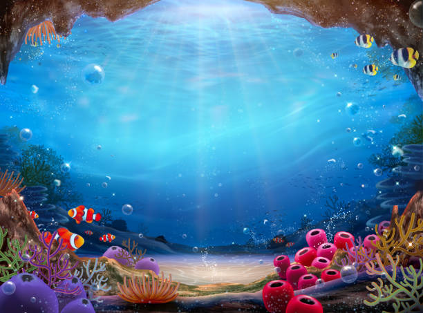 Natural ocean bottom background Natural ocean bottom background with colorful coral reef and abundant marine life, 3d illustration underwater stock illustrations