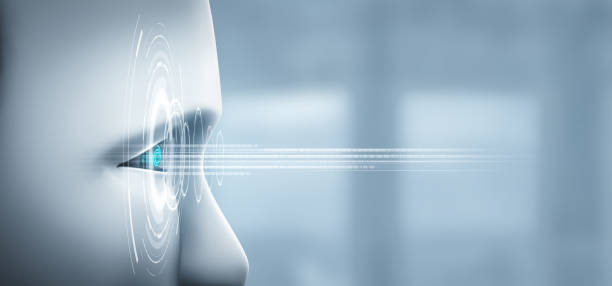 ロボットヒューマノイド顔は、脳を考えるaiのグラフィックコンセプトでクローズアップ - binary code close up computer data ストックフォトと画像