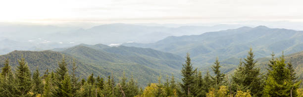 il sole comincia a tramontare nelle montagne fumose - panaramica vista - blue ridge mountains autumn great smoky mountains tree foto e immagini stock