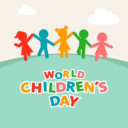 Celebrate World Children's Day with colorful five kids silhouettes holding hand together running on landscape