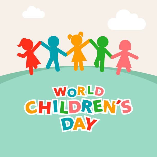 World Children Hand in Hand Celebrate World Children's Day with colorful five kids silhouettes holding hand together running on landscape children holding hands icon stock illustrations