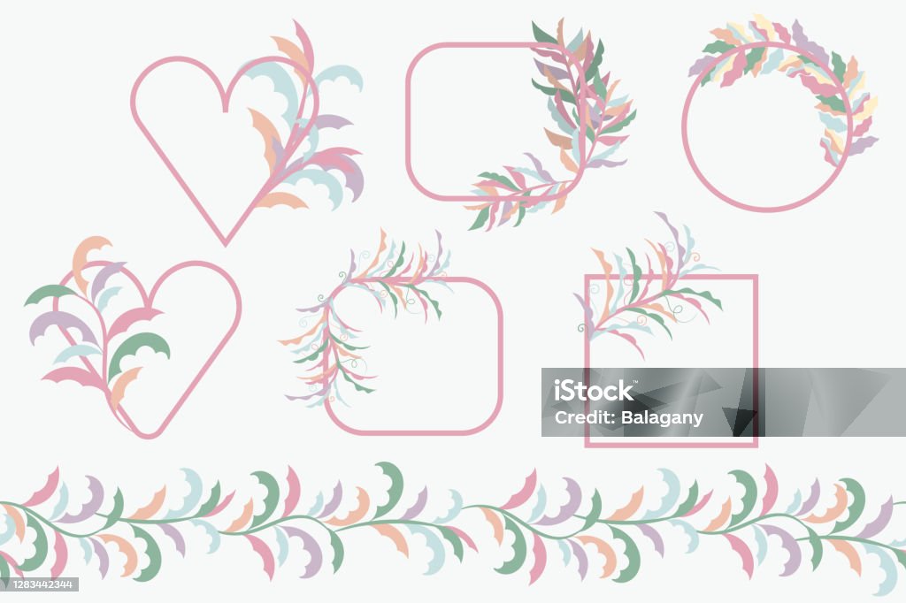 Border Objects Vector Set Of Objects For Design Seamless Border With Branches Frames ...